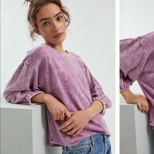 Anthropologie Washed Raspberry Waffle Knit Balloon-Sleeve Crew Neck